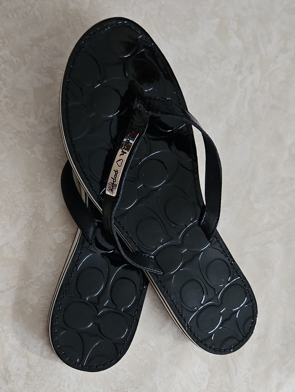 Coach Poppy Wilma Black Patent Leather Thong Flip Flops, Size 8.5B. - Picture 7 of 12